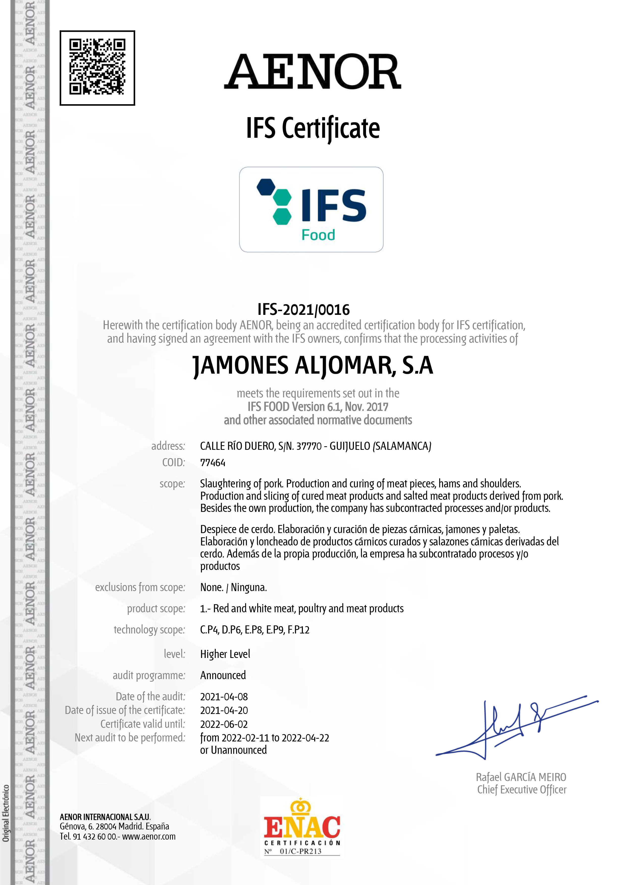 Certificado IFS Aenor Aljomar