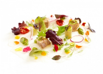 Warm salad with aljomar iberico marinated pluma, a touch of cream and farm fresh