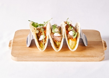 Tacos with Aljomar Iberico Lagrima cooked at 800 c with Sweet Potato and Egg-Fre